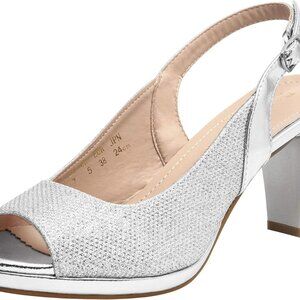 Women’s Silver Fabric Chunky Heels 3 in Platform Peep Toe Slingback Dress Pumps